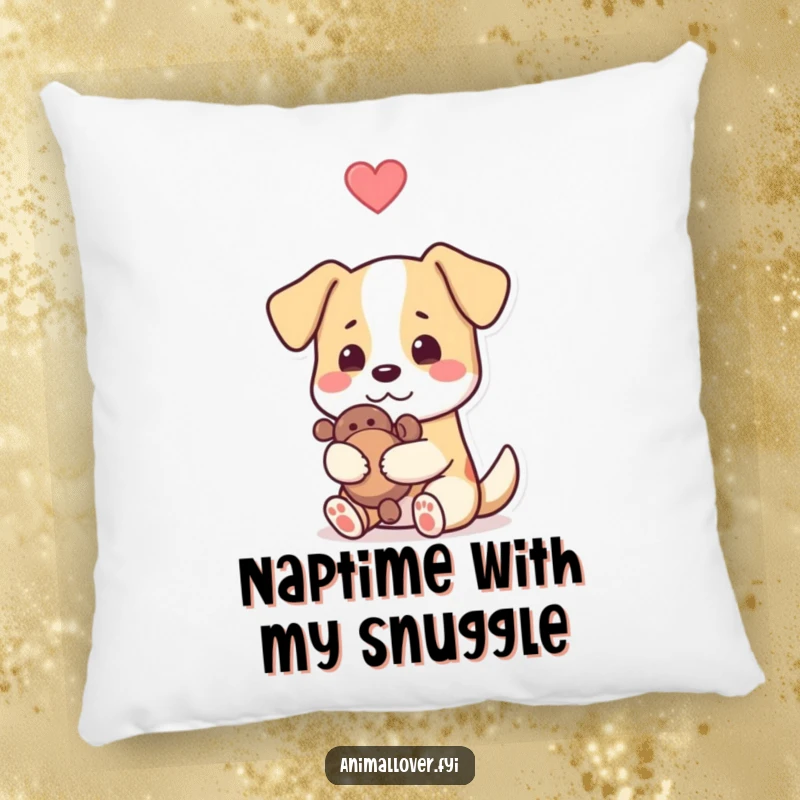Funny dog pillow design depicting a dog lovingly hugging a toy, a heart symbol completes this sweet and humorous image.