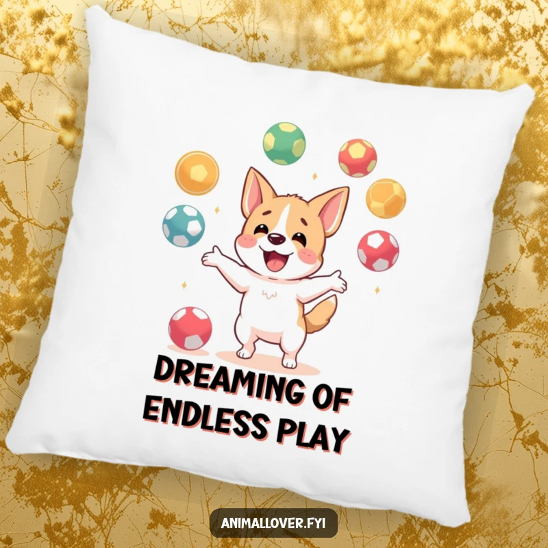 Funny pillow featuring a happy dog character energetically juggling several balls, offering a soft and playful addition to any space.