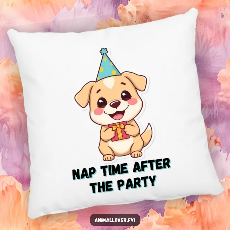 Funny dog pillow featuring a happy dog wearing a party hat and holding a gift, adding comfort and humor to any room.