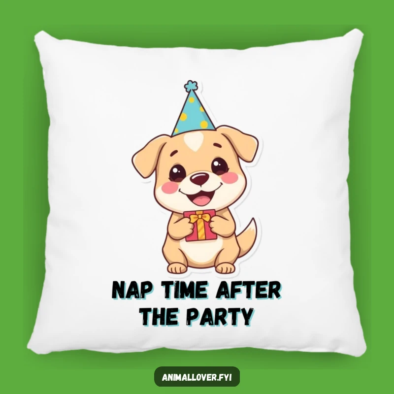 Funny Dog Party Pillow: Comfy Pup with Hat & Gift, Cute & Hilarious Accent