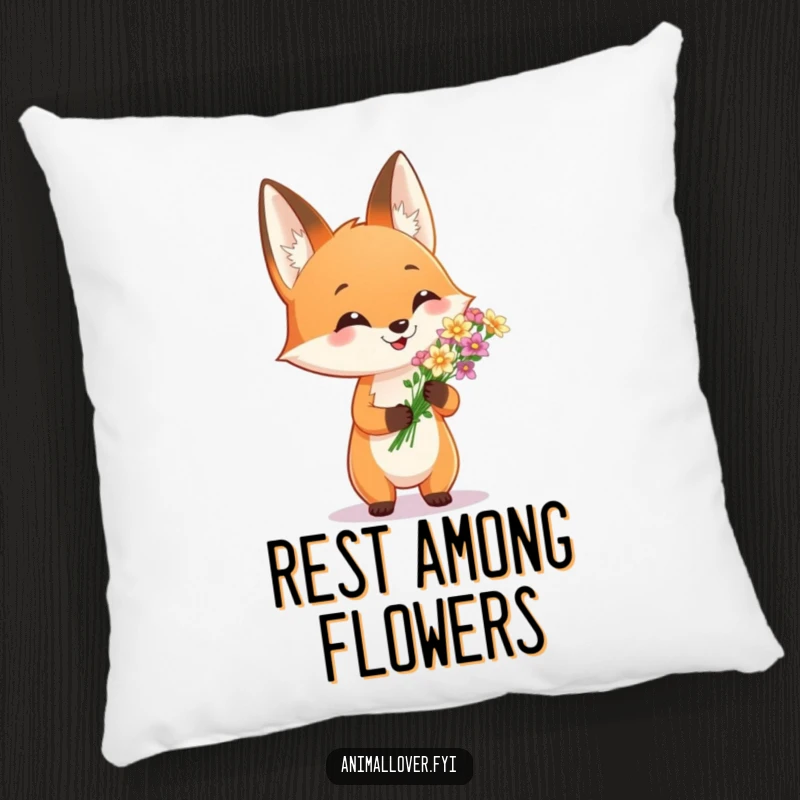 Funny pillow with a proud fox presenting flowers, offering comfort and a touch of woodland charm. A delightful decorative item.