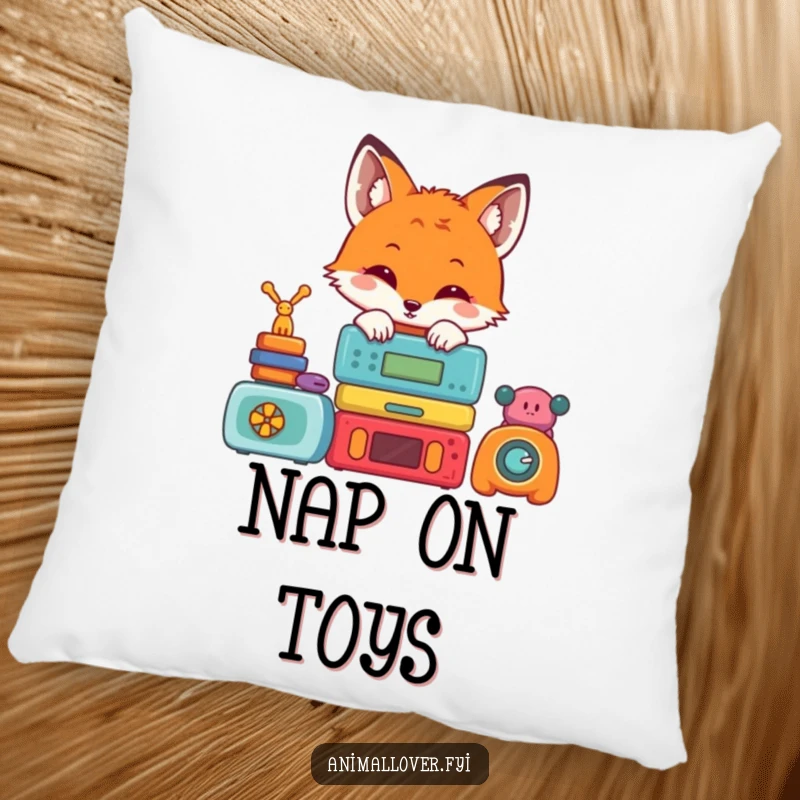 Funny pillow with a cute fox peeking from behind a stack of colorful toys, adding comfort and a playful touch to any seating area.