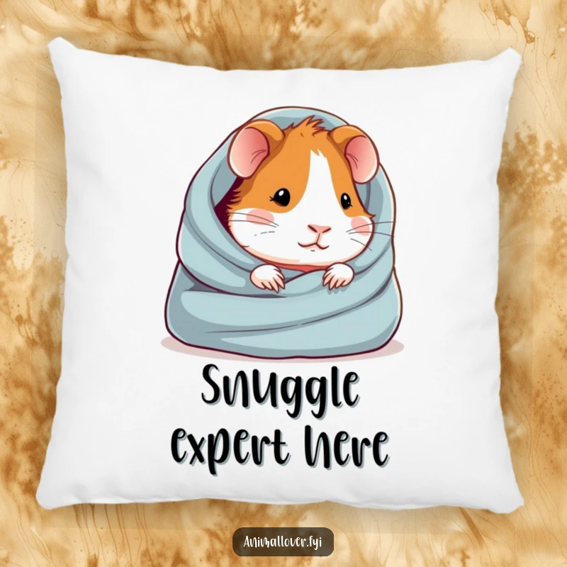 Funny pillow designed with a guinea pig nestled cozily in a plush blanket, offering comfort and cute decor.