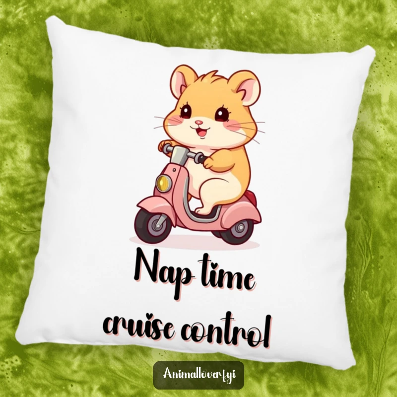 Funny hamster character resting after a scooter ride, looking content, a soft and funny gift for home decor.
