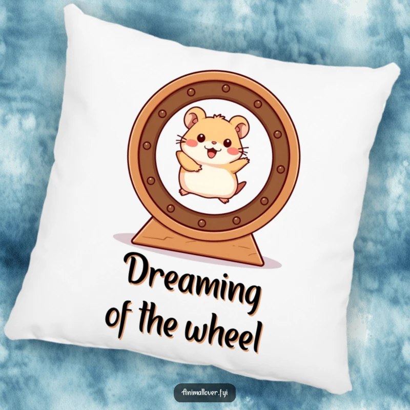 Funny Hamster Pillow featuring a hamster's enthusiastic spin in a wheel, bringing a smile and cozy vibes.