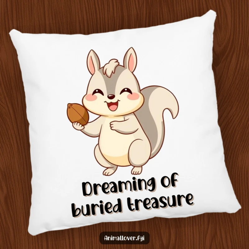 Funny pillow design of a happy squirrel offering a nut with a big smile, adding warmth and humor.