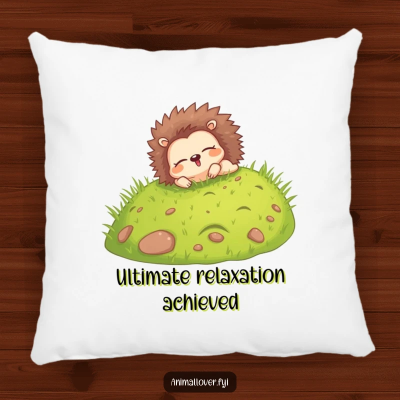 Funny pillow designed with a happy hedgehog rolling down a grassy hill with eyes closed, perfect for comfortable, blissful decor.