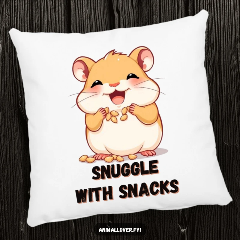 Funny joyful hamster pillow stuffing its cheeks with tiny seeds, offering cozy comfort and a touch of adorable hoarding.