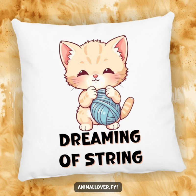 Funny pillow design of a cute kitten batting at a ball of yarn. Adds a touch of whimsical comfort for cat lovers.