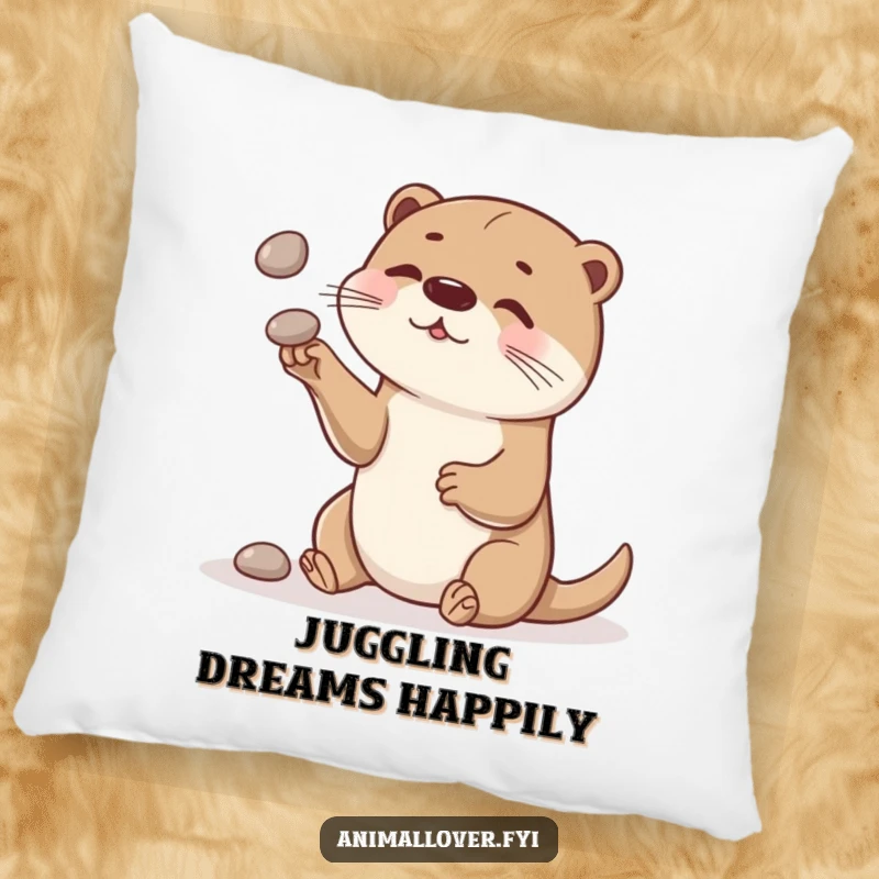 Funny otter pillow featuring a curious otter juggling smooth stones, offering cuddly comfort and playful charm.