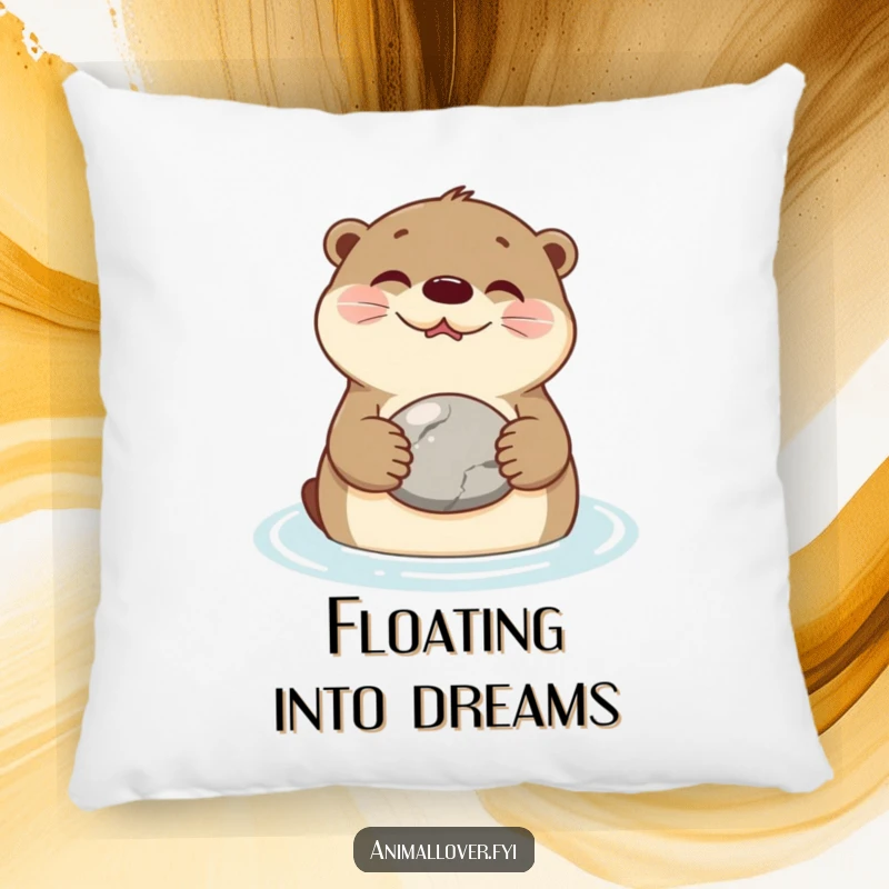 Funny Pillow featuring a content otter floating on its back, holding a stone, bringing cozy aquatic amusement.