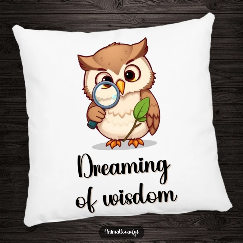 Funny owl pillow design featuring a curious owl with a magnifying glass focused on a leaf, offering comfort and intellectual charm.