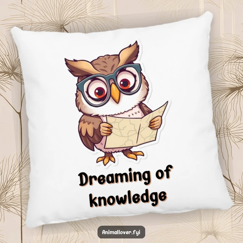 Funny pillow featuring a curious owl wearing spectacles, peering intently at a map, soft and cozy.