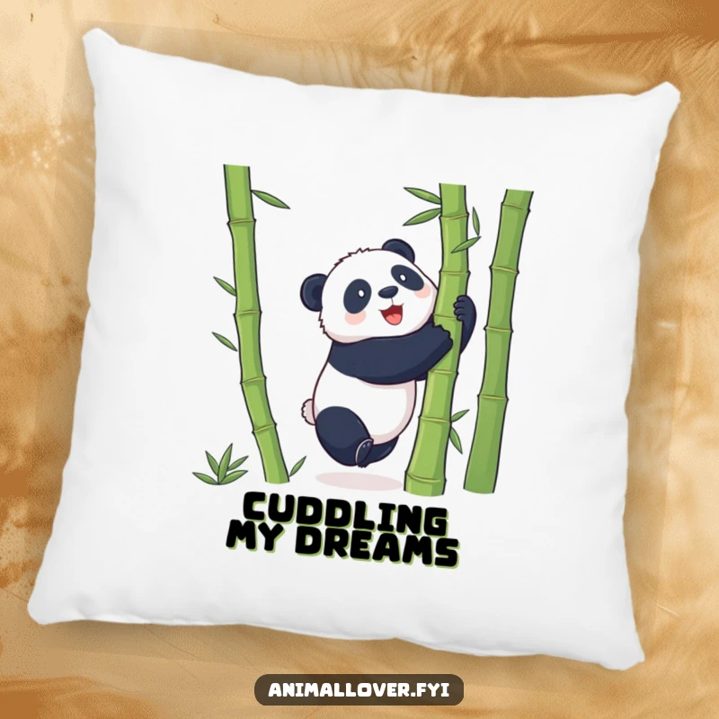 Funny Pillow featuring a playful panda trying to embrace a giant bamboo stalk, bringing cozy bear-themed amusement.