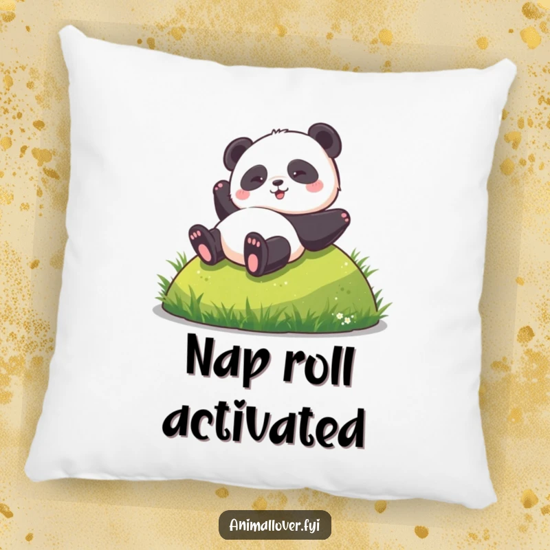 Funny pillow with a plush panda rolling down a hill, adding a touch of whimsical humor and comfort to any couch.