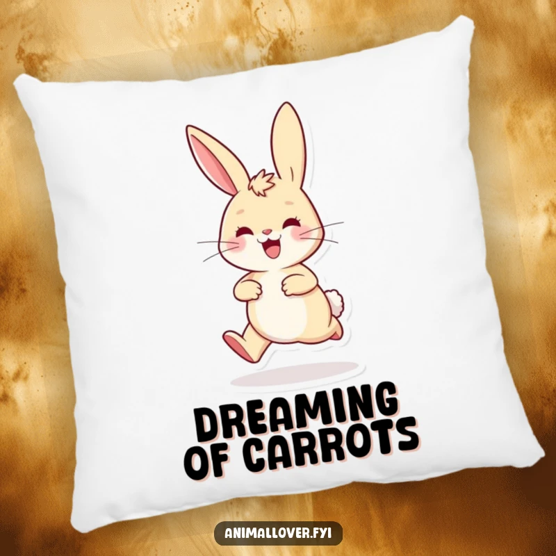 Funny playful rabbit pillow hopping excitedly with ears perked high, offering cozy comfort and a touch of cheerful energy.