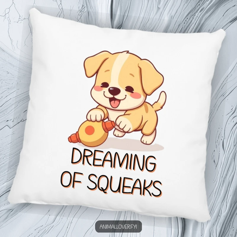Funny pillow featuring an excited puppy with a wagging tail pouncing on a squeaky toy, soft and comfy.
