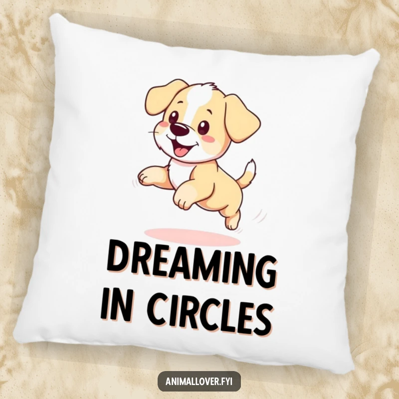 Funny puppy pillow illustrating a content dog spinning in circles, joyfully pursuing its wagging tail, a cute accent.