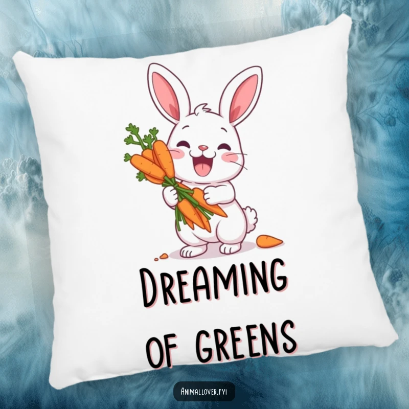 Funny pillow featuring an ecstatic rabbit character tightly gripping a luxurious bouquet of carrots, treating them as the most valuable treasure.