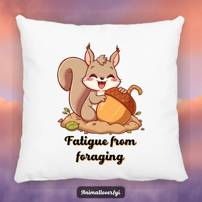 Funny pillow featuring an ecstatic squirrel character burying a giant acorn with immense enthusiasm, symbolizing playful hoarding and winter preparation.