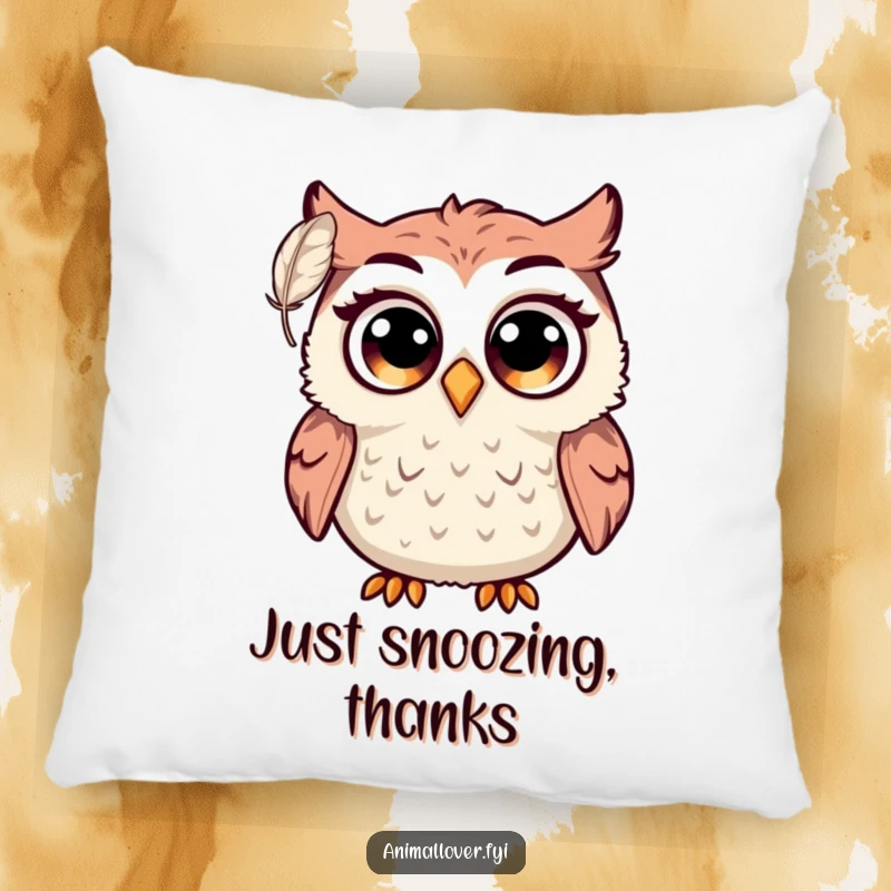 Funny owl pillow with a comically surprised bird, its large eyes wide with astonishment at a floating feather. Soft, humorous decor.