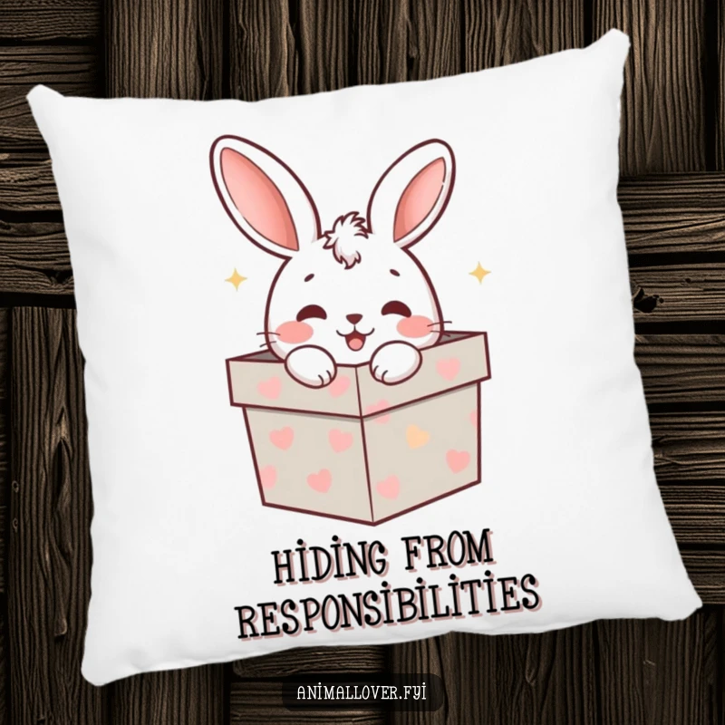Funny rabbit peeking out of a gift box, printed on a soft pillow, a comfortable and funny decorative item.