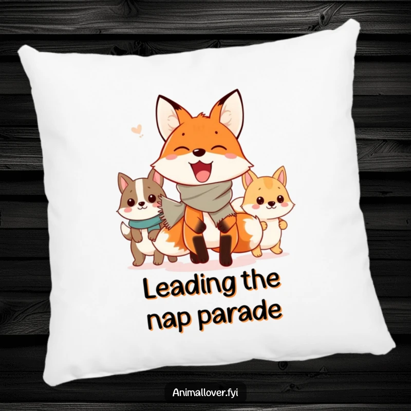 Funny Pillow: A cheerful fox leads a vibrant parade of cute animals, bringing a whimsical and cozy feel to any room.