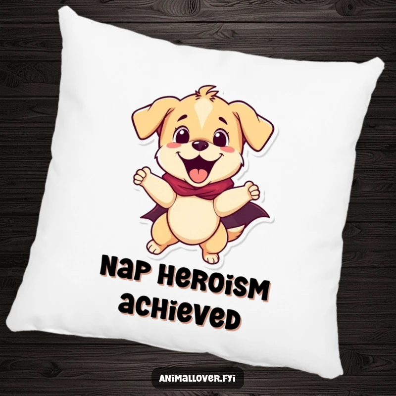 Funny puppy superhero resting on a pillow, a cozy and funny addition to any room, perfect for gift.