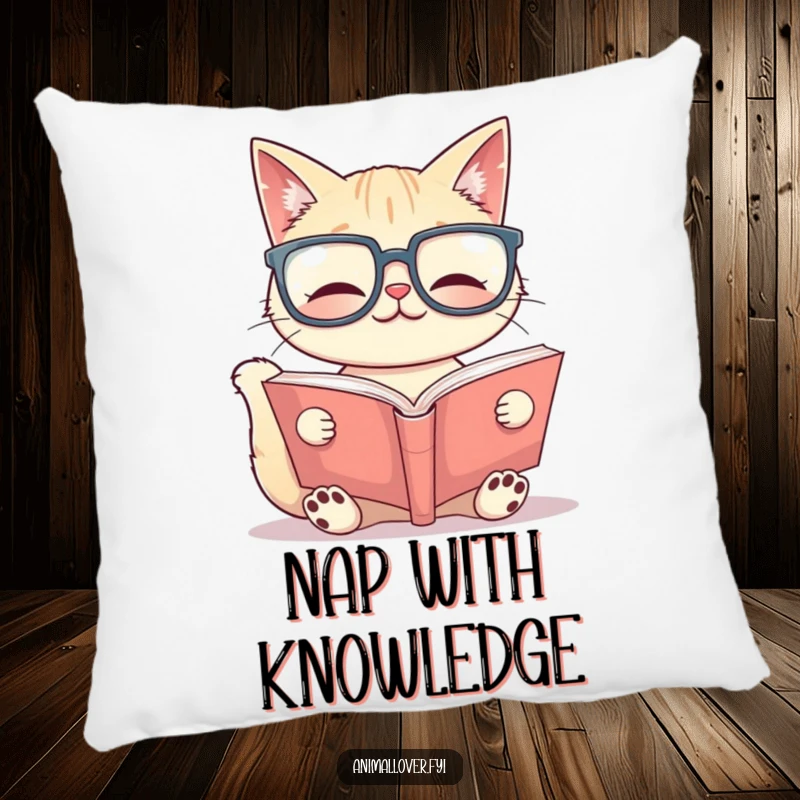 Funny Pillow: A cat in oversized glasses reads a large book, offering plush comfort and a touch of scholarly feline charm.