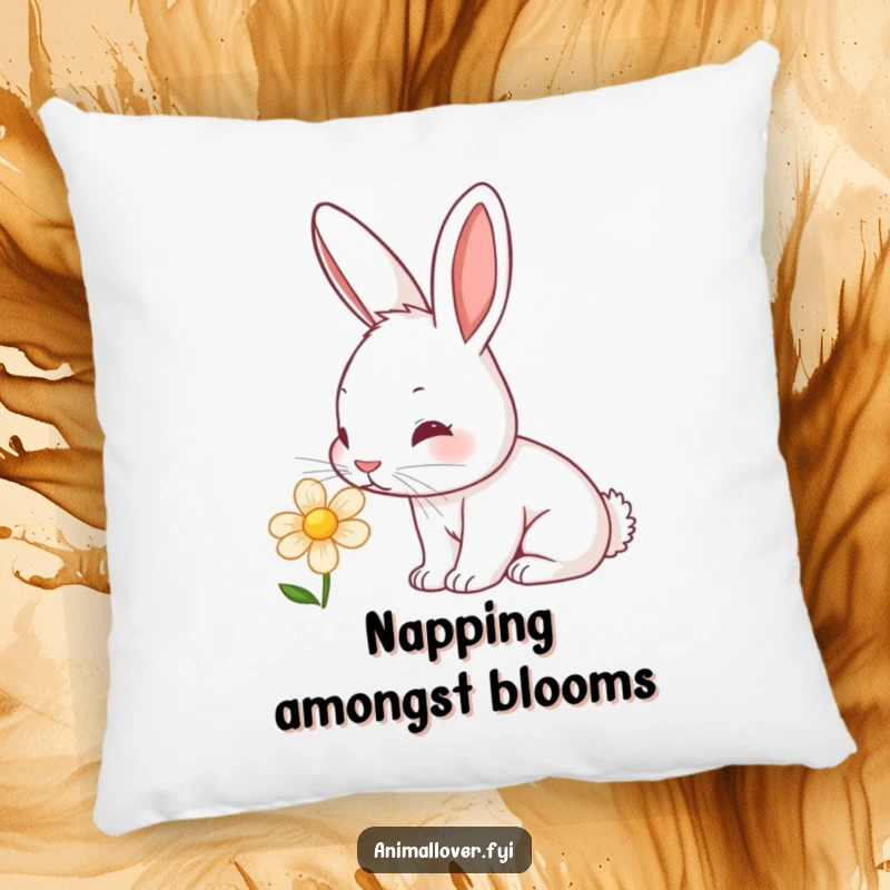 Funny rabbit pillow illustrating a cute bunny sniffing a flower, its nose twitching with curiosity, adding charm to any room.
