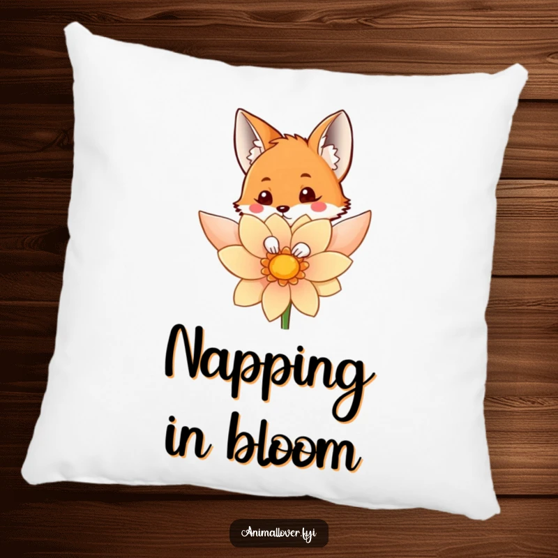 Funny pillow designed with a curious fox peeking from behind a flower, perfect for comfortable and amusing home decor.