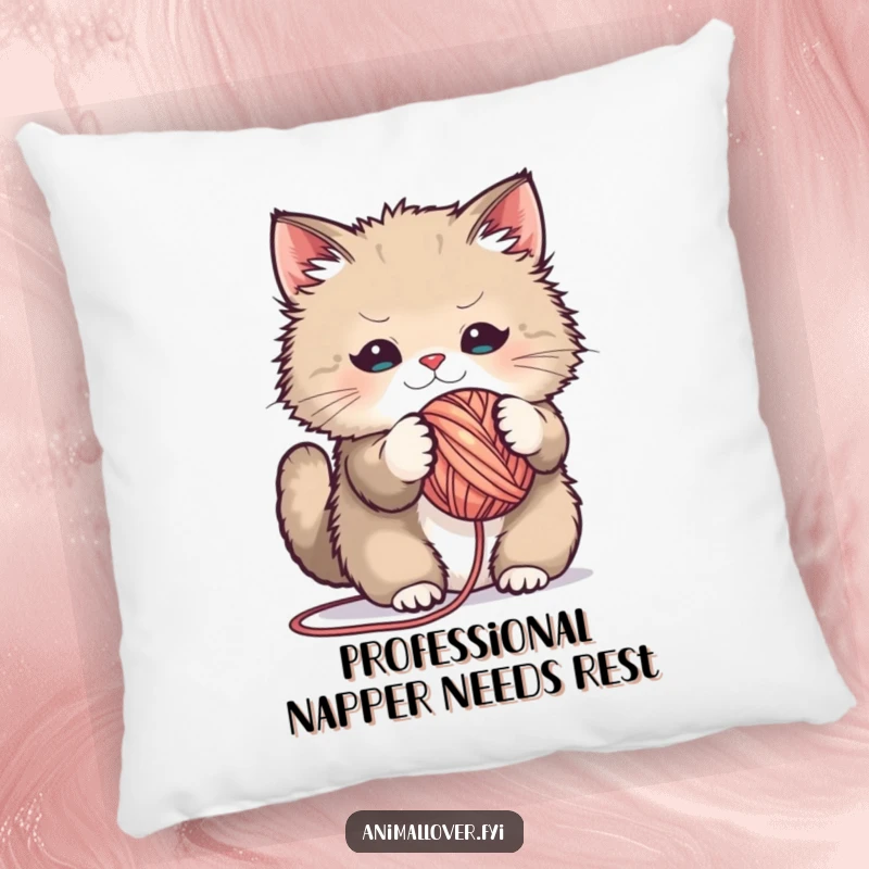 Funny pillow design showcasing a fluffy cat playfully wrestling with a ball of yarn, adding humor and comfort.
