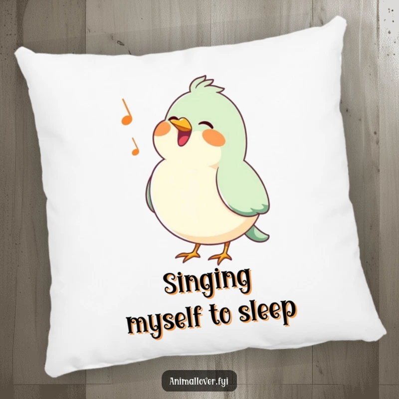 Funny bird pillow featuring a happy, puffed-chested bird singing a cheerful tune, offering cuddly cheer and comfort.