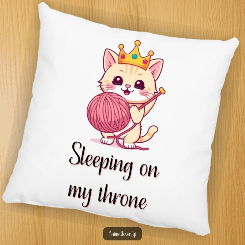 Funny pillow featuring a crowned cat triumphantly holding a giant ball of yarn, designed for cozy luxury.