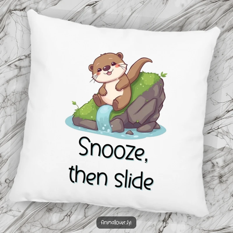Funny otter pillow with a playful otter sliding down a mossy rock with glee, offering plush comfort and cheerful vibes.