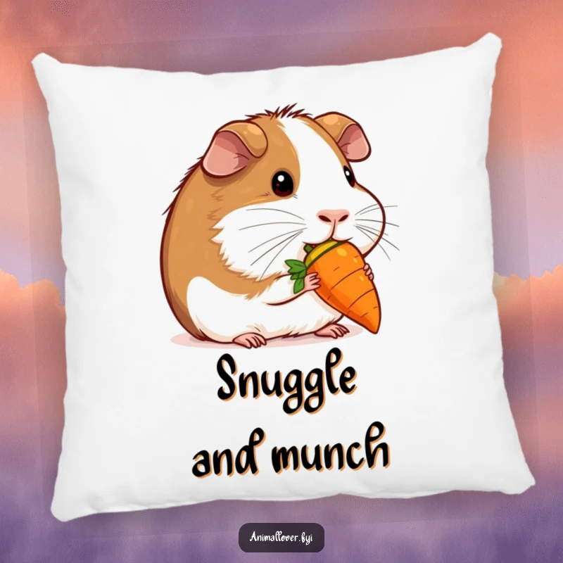Funny contented guinea pig nibbling a miniature carrot on a pillow, offering comfort with an adorable and humorous touch.