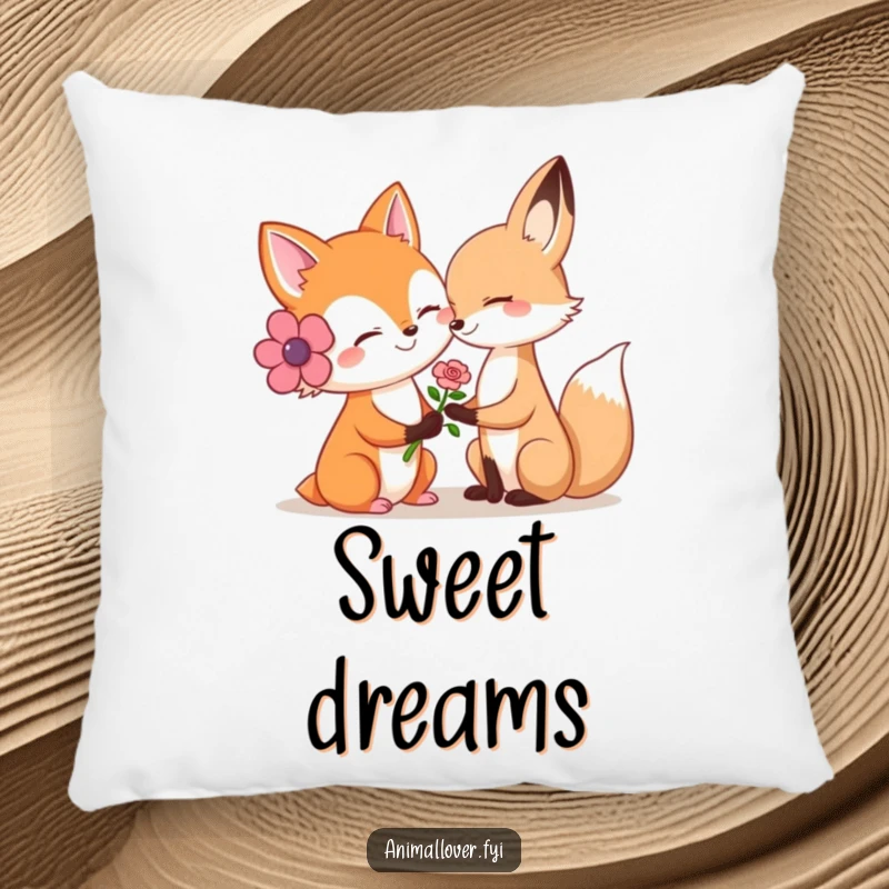 Funny pillow with a smiling fox offering a flower to another animal, perfect for adding comfort and cheer.