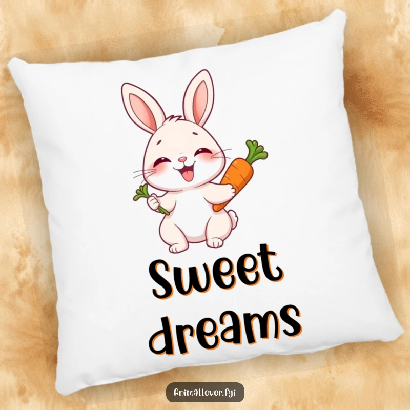Funny pillow with a joyful rabbit giggling while holding a carrot, perfect for adding comfort and cheer.