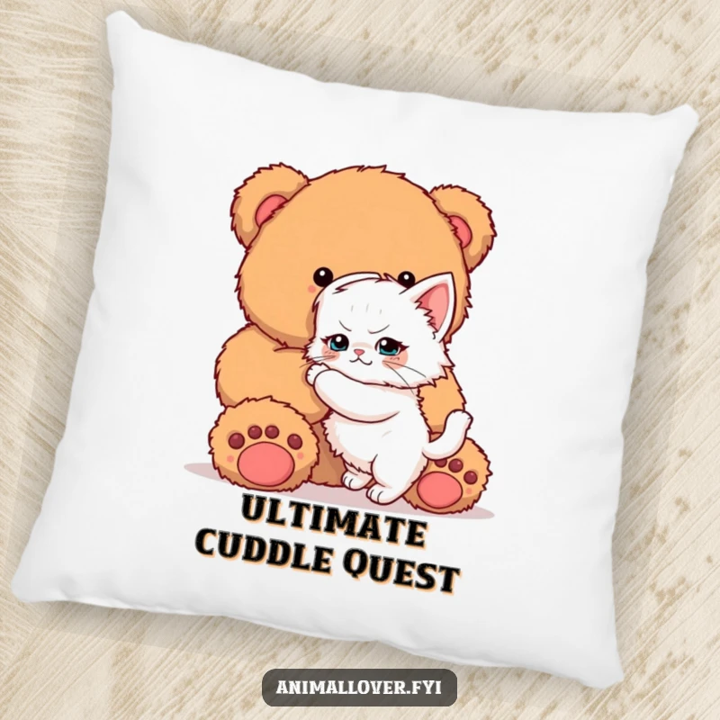 Funny Kitten Pillow: A soft decorative pillow featuring a determined kitten attempting to hug a very large teddy bear.