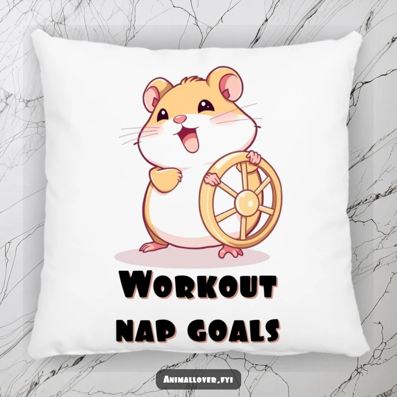 Funny hamster pillow illustrating a determined rodent pushing its wheel with all its might, offering comfort and humor.