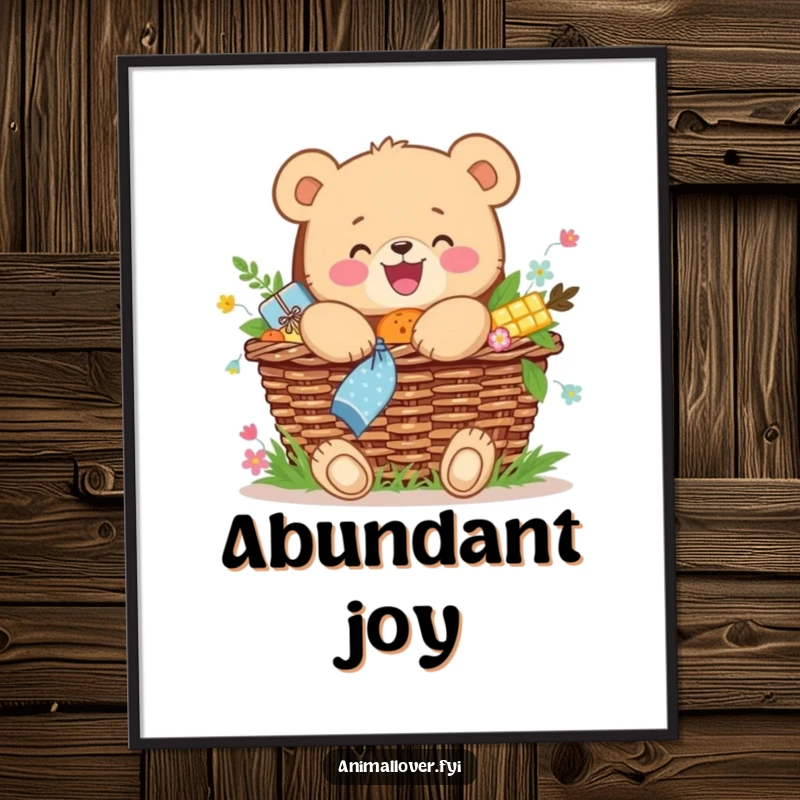 Funny digital art print of a joyful bear cub hugging a picnic basket overflowing with food, symbolizing happiness.
