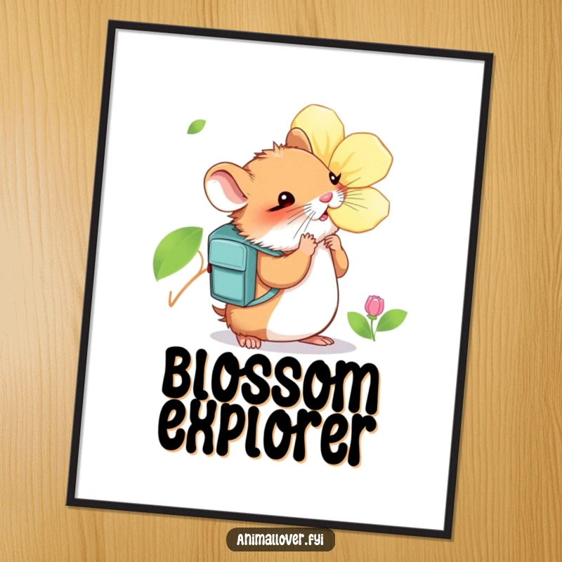 Funny Hamster Digital Art: A downloadable artwork of a curious hamster wearing a backpack, eagerly sniffing a large, vibrant blossom.