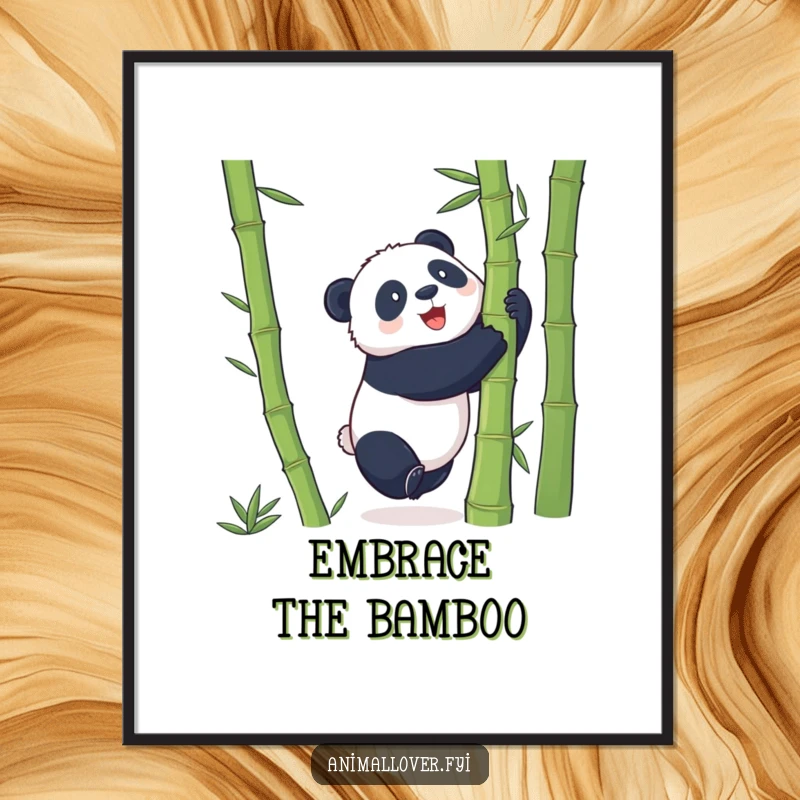 Funny Digital Art Print of a playful panda hugging a giant bamboo stalk, embodying pure joy and determination.