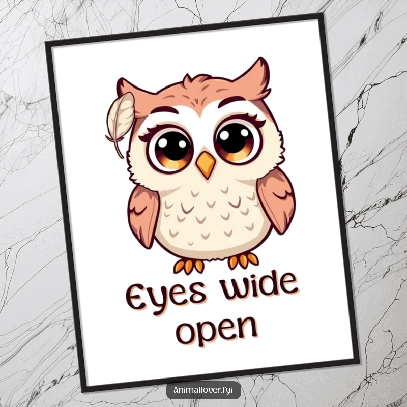 Funny digital art print of a surprised owl with massive, round eyes, shocked by a solitary floating feather. Humorous illustration.