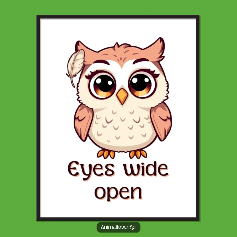 Funny Surprised Owl Digital Print: Big Eyes Startled by Feather, Instant Gift