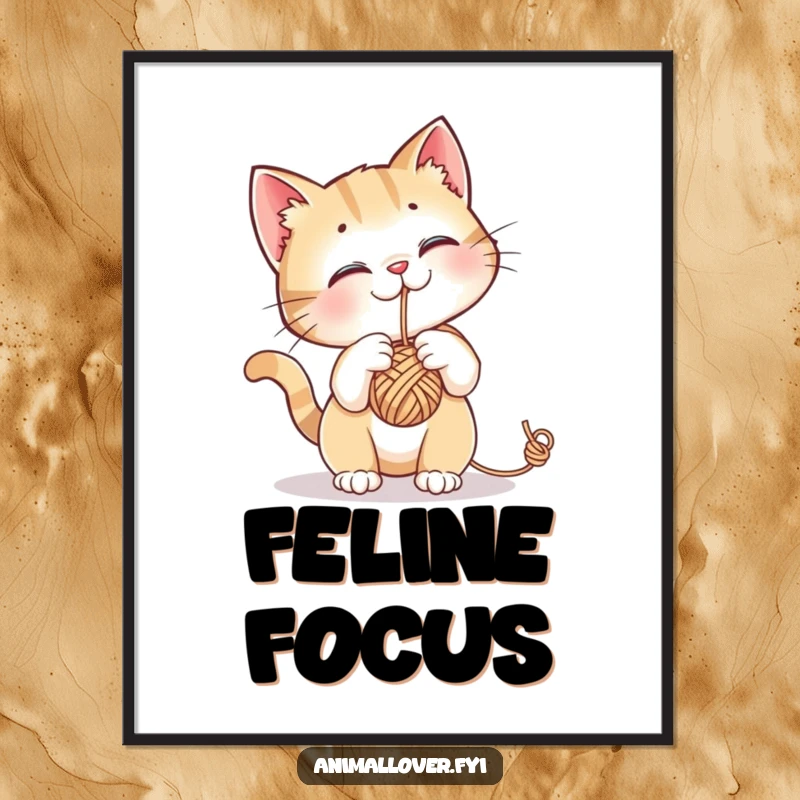 Funny digital art print of a curious cat batting at a dangling ball of yarn, full of playful energy.