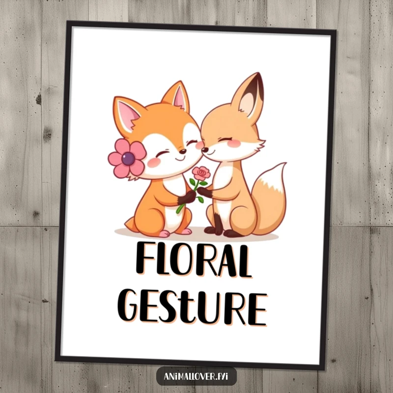 Funny digital art print of a smiling fox gently offering a flower to another animal, full of warmth.