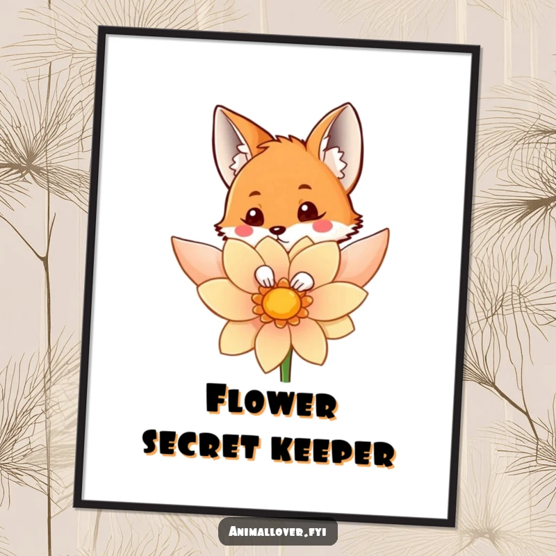 Funny digital art print of a curious fox peeking from behind a colorful flower, delivering instant whimsy and charm.