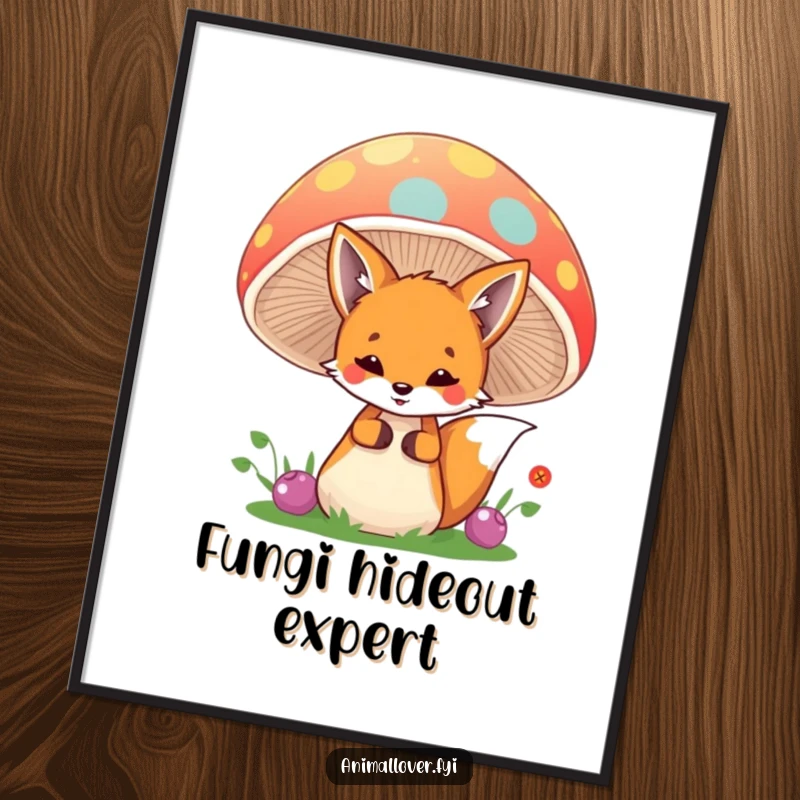 Funny fox digital art print featuring a playful creature peeking from behind a colorful mushroom, full of whimsical forest charm.
