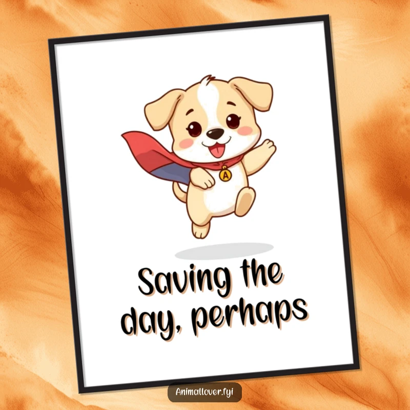 Funny digital art print of a brave puppy wearing a superhero cape, captured mid-jump, exuding heroism and charm.